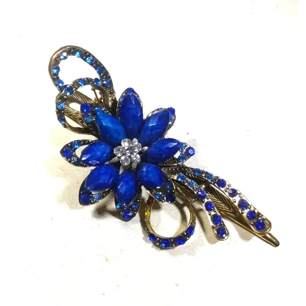 Royal Blue Hair Barrette Clip Floral Blue Rhinestone Gold Tone Elegant... - Picture 3 of 7